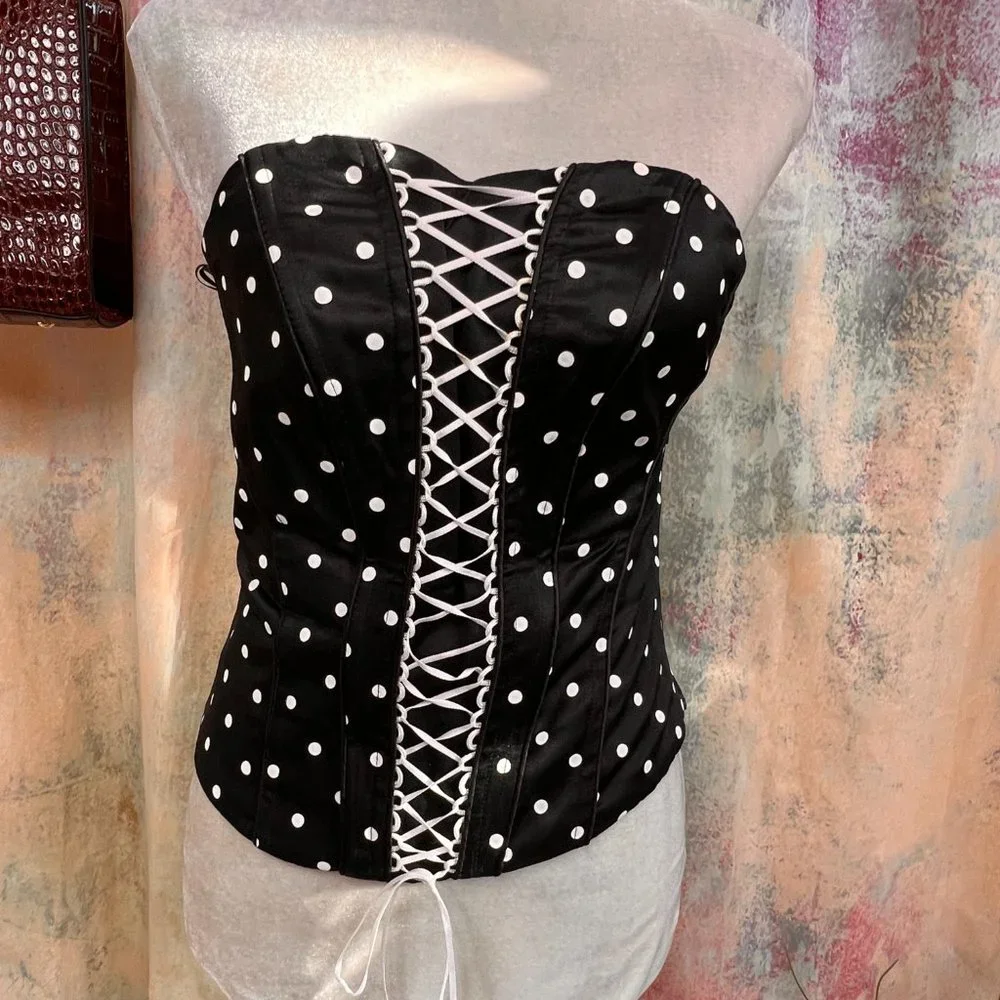 πSixthsense Sexy Corsage Top Black with White Polka Dots & Zipper on the Side - Picture 14 of 15